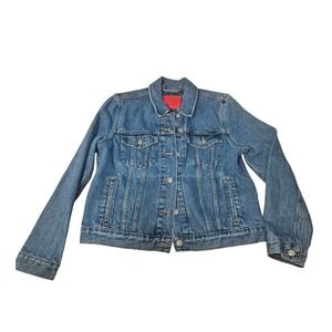 Levis Denim Trucker Jacket Medium Wash Blue Geometric Star Print Lining Womens